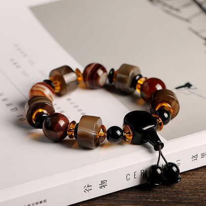 Original Natural Silk Wrapped Old Agate Bracelet Domineering Single Circle Men's Abacus Bead Bracelet Ethnic Style Gift Jewelry