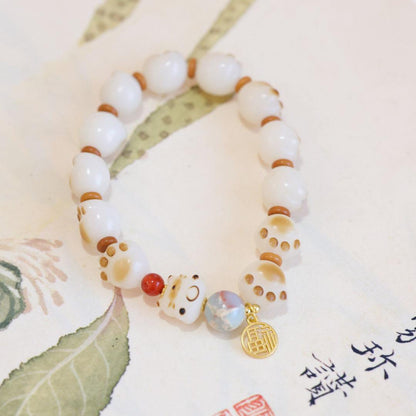 White Jade Bodhi Root Bracelet, Fired Cat Paw Bodhi Seed Bracelet, High Polished Single Circle Buddha Beads, Cultural Game Prayer Beads