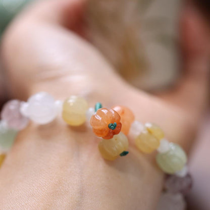 Natural Golden Silk Jade Pumpkin Bead Bracelet for Women, Small Gift for Best Friends, Colorful Multi-Treasure Small Pumpkin Pendant Jade Jewelry