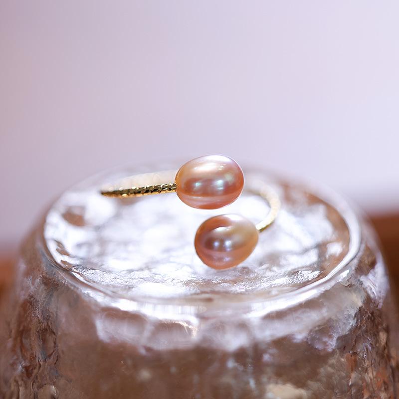 French Elegant Natural Freshwater Pearl Ring for Women, Three-Color Pearl Adjustable Index Finger Ring, Light Luxury Gentle Style
