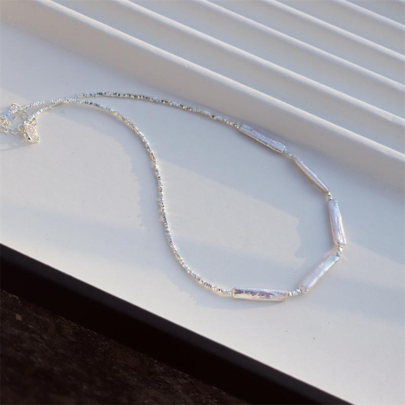 Elegant Design Light Luxury Minimalist Style Broken Silver Irregular Freshwater Pearl Small Silver Bar Handmade Beaded Necklace
