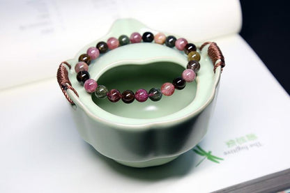 Natural Tourmaline Bracelet for Women Tourmaline Round Beads Rainbow Color Single Circle Bracelet Crystal Jewelry Round Beads Best Friend Gift
