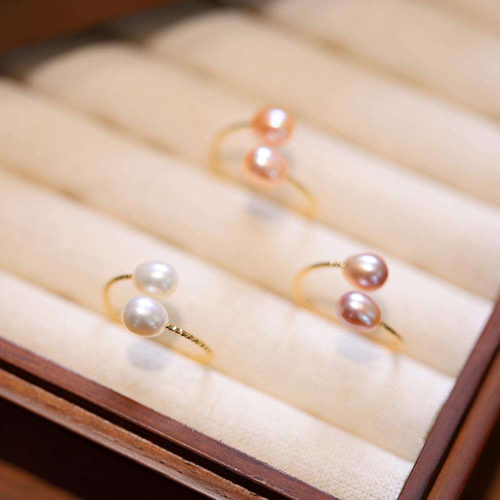 French Elegant Natural Freshwater Pearl Ring for Women, Three-Color Pearl Adjustable Index Finger Ring, Light Luxury Gentle Style