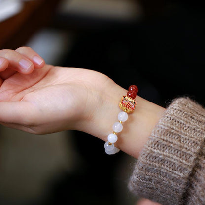 Natural Double Red Agate White Agate Nian Beast Bracelet for Women Lion Dance Accessory Agate Bead Jewelry