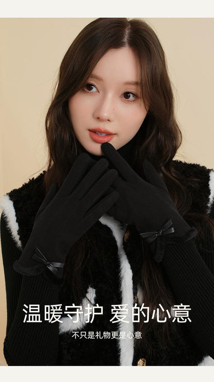 Autumn Winter Thermal Gloves for Women Outdoor Cold-Proof Fleece-Lined Warm Gloves Cute Bow Driving Gloves Touchscreen Compatible