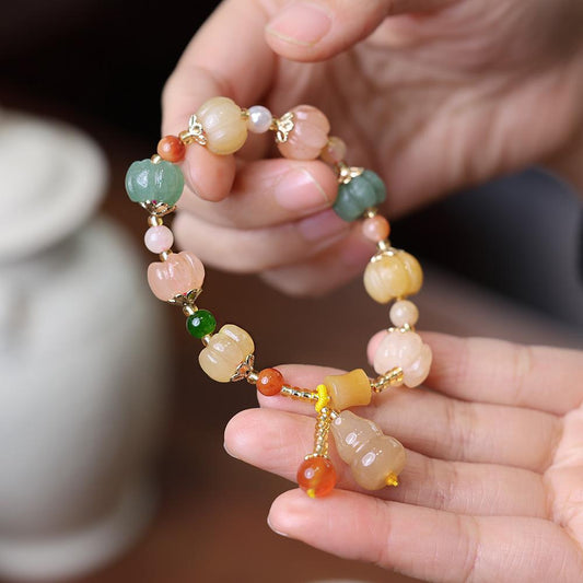 Natural Xinjiang Golden Silk Jade Bracelet for Best Friends and Couples, Ethnic Style Pumpkin Beads, Bamboo Knot, Straight Hole Gourd Jade Bracelet