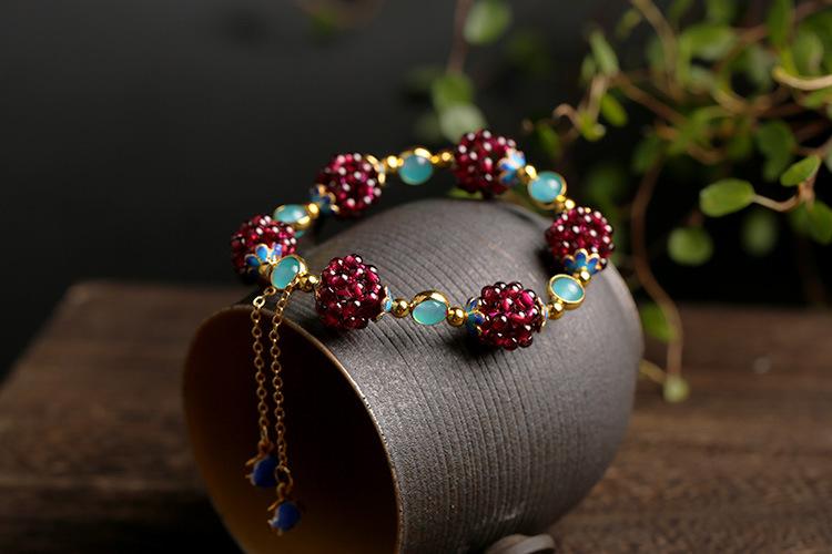 National Style Natural Garnet Simple Women's Garnet Bracelet with Tianhe Stone Cloisonné Accessories Beaded Bracelet Jewelry