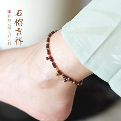 Natural 4MM Garnet Anklet for Women with Leaf and Heart Design, New Chinese Style, High-End Crystal Anklet