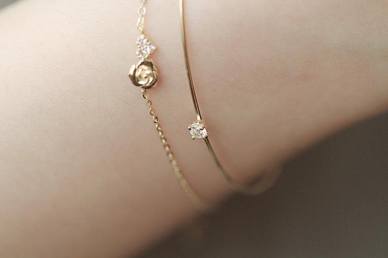 Rose Flower S925 Silver Plated 14K Gold Fine Sparkling Rose Heart Ultra-Thin Bracelet Gift