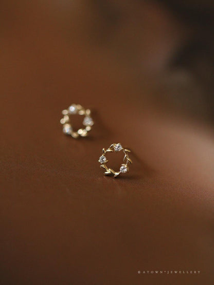 S925 Sterling Silver Gold-Plated Earrings for Women Zircon Branch Leaf Small Flower Ring Elegant Petite Floral Korean and Japanese Style Earrings