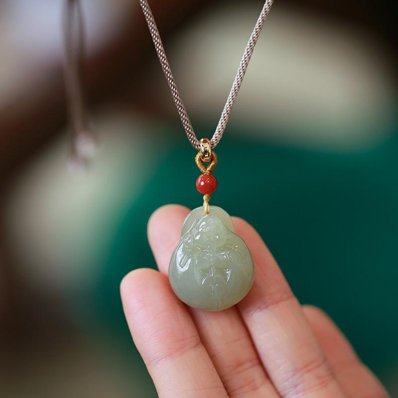 Natural Hetian Jade Hugging Buddha Pendant Necklace Couple Style Jade Pendant Exquisite Carving Braided Cord
