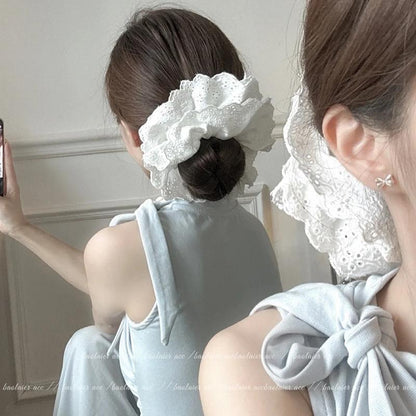 Gray Flower~ Extra Large Lace Scrunchie High-End Feel Large Scrunchie Women's Hair Tie Hair Accessory Korean Hair Ornament