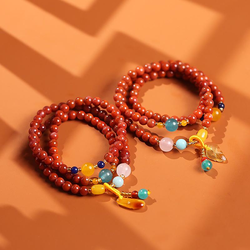 Natural Three-Circle Southern Red Agate Bracelet Amber Pendant Ethnic Style Multi-Circle Southern Red Agate Bracelet Unisex