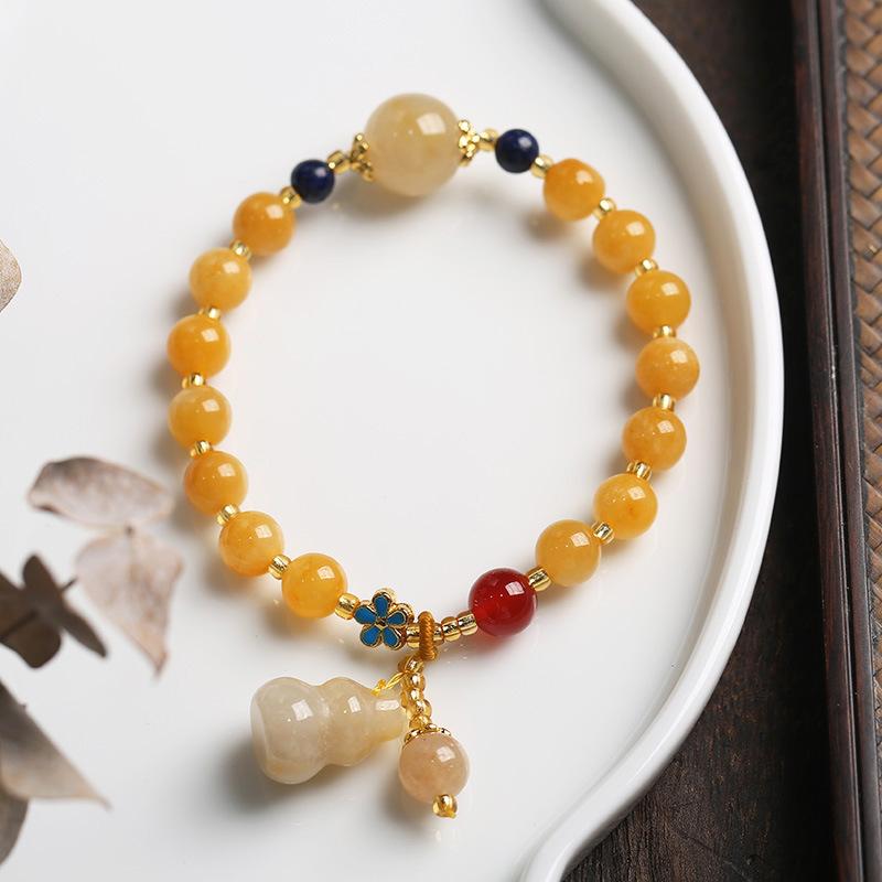 Natural Xinjiang Golden Silk Jade Yellow Bracelet Best Friend Gift Small Gourd Tassel Women's Round Bead Jade Bracelet