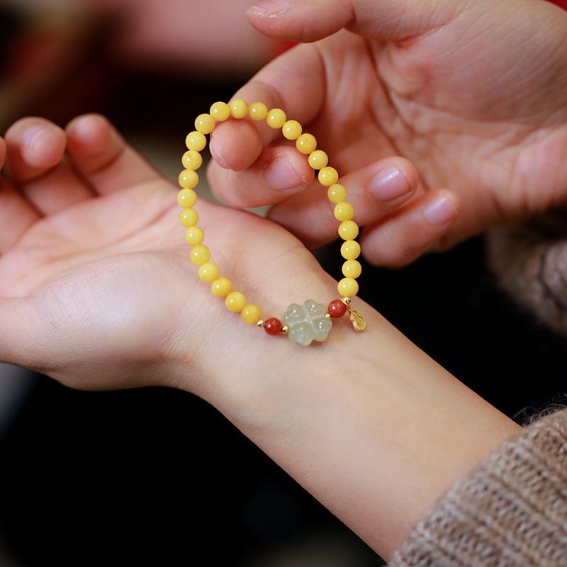 Natural Chicken Fat Yellow Beeswax Buddha Beads Bracelet for Women Amber Hetian Jade Single Circle Bracelet Retro Chinese Style Design