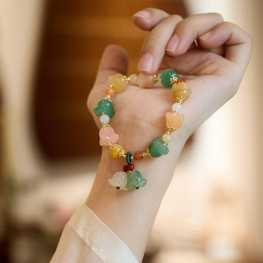 Xinjiang Natural Golden Silk Jade Bracelet for Women, Lily of the Valley Colorful Flower Jade Bracelet, Fashionable Gift for Best Friend