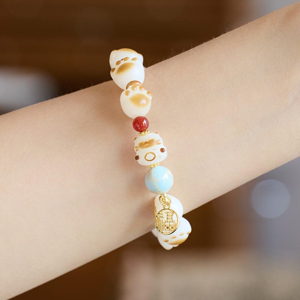 Natural Charcoal Burnt Cat Paw Bodhi Root Bracelet for Women Cat Milk Bean Pendant Bodhi Root Small Cat Buddha Bead Bracelet