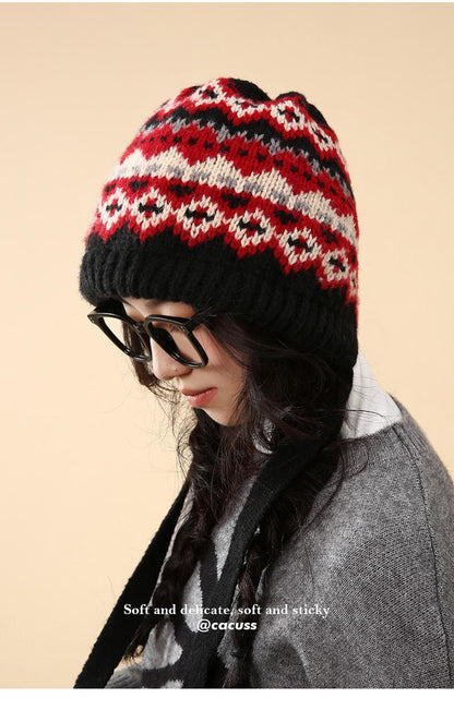 Korean Style Hat for Women Winter Knitted Drawstring Slouchy Beanie Fair Isle Style Retro Versatile Wool Hat for Women