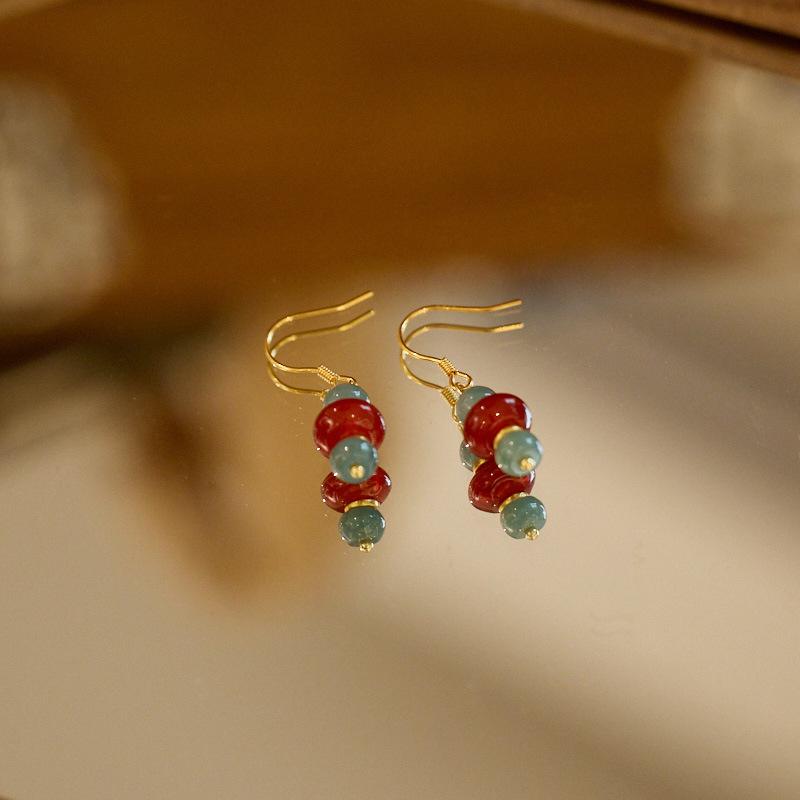 Natural Blue Water Jade Earrings S925 Silver Thousand Miles of Rivers and Mountains Red Agate National Style Earrings New Chinese Ear Hook Ear Jewelry