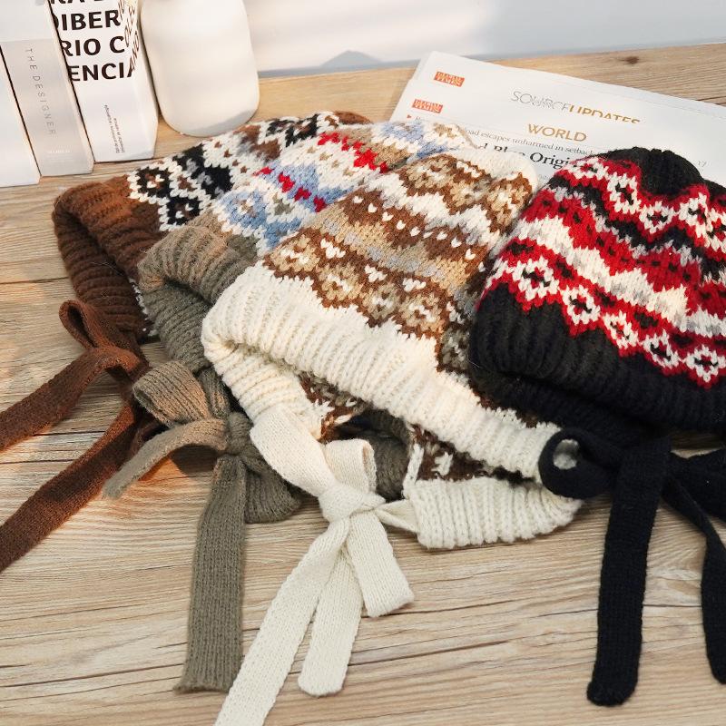 Korean Style Hat for Women Winter Knitted Drawstring Slouchy Beanie Fair Isle Style Retro Versatile Wool Hat for Women