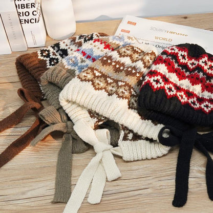 Korean Style Hat for Women Winter Knitted Drawstring Slouchy Beanie Fair Isle Style Retro Versatile Wool Hat for Women