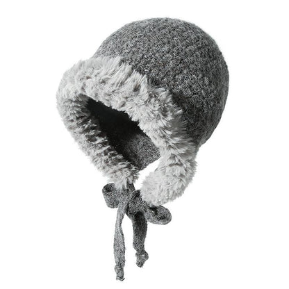 Autumn Winter Fluffy Ear Protection Knitted Hat for Women Large Head Circumference Cold-Proof Warm Wool Hat Color-Block Tie Head Wrap Hat