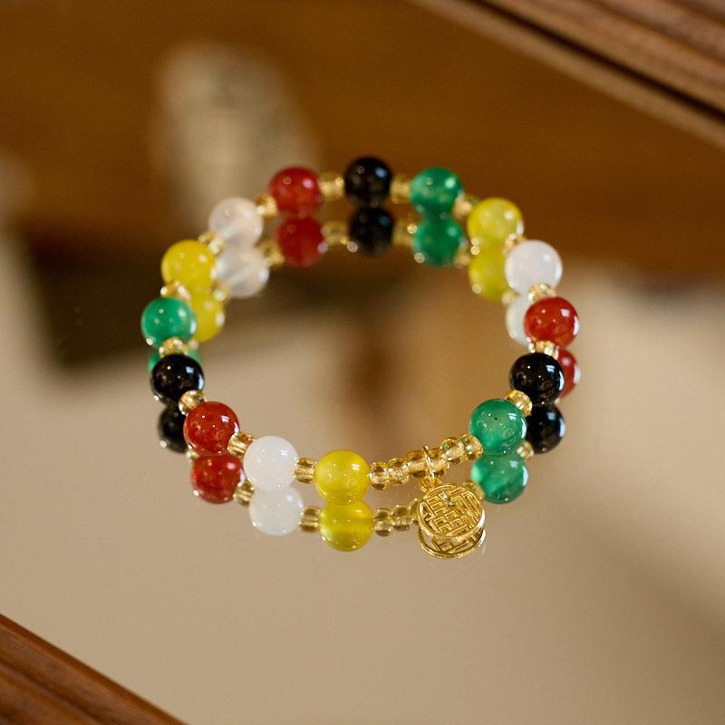 Natural 8MM Agate Bracelet Five Blessings Good Luck Multicolored Agate Beads Temple Scenic Spot Bracelet Gift