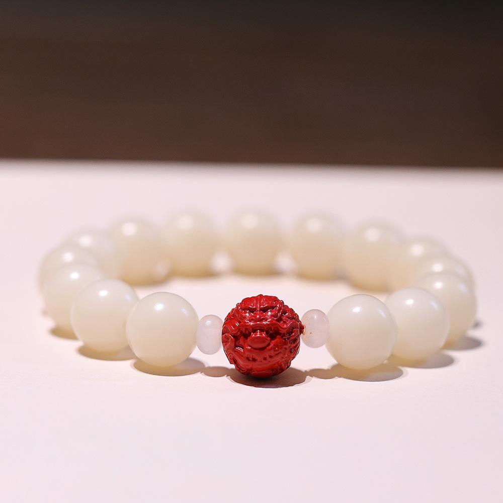 Natural 12MM White Jade Bodhi Bracelet with Cinnabar and Red Sand Pixiu, Soft Wrap-around Bead Bracelet for Men and Women, Single Circle Buddhist Prayer Beads