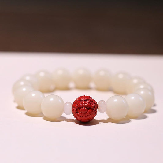 Natural 12MM White Jade Bodhi Bracelet with Cinnabar and Red Sand Pixiu, Soft Wrap-around Bead Bracelet for Men and Women, Single Circle Buddhist Prayer Beads