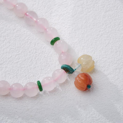 Natural Rose Quartz Bracelet for Women with Gold Thread, Jade Small Pumpkin Tassel Double Circle Bracelet, Pink Crystal Bracelet, Best Friend Gift