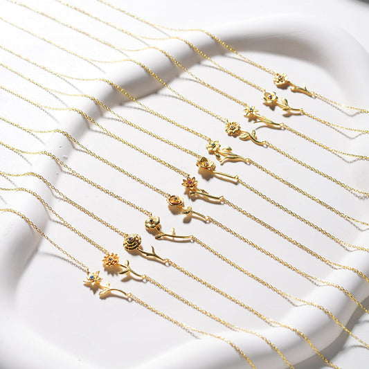 December Birthstone Pendant 3D Decorative Flower Pendant Necklace Gold-Plated Sweater Chain