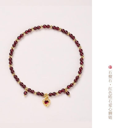 Natural 4MM Garnet Anklet for Women with Leaf and Heart Design, New Chinese Style, High-End Crystal Anklet