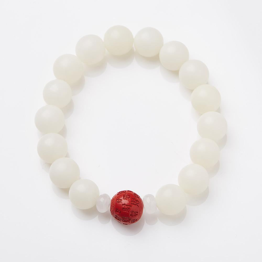 Natural 12MM White Jade Bodhi Bracelet with Cinnabar and Red Sand Pixiu, Soft Wrap-around Bead Bracelet for Men and Women, Single Circle Buddhist Prayer Beads