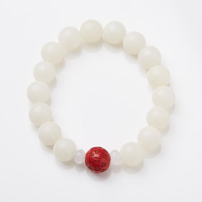 Natural 12MM White Jade Bodhi Bracelet with Cinnabar and Red Sand Pixiu, Soft Wrap-around Bead Bracelet for Men and Women, Single Circle Buddhist Prayer Beads