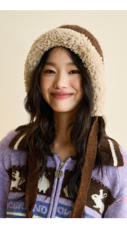 Autumn Winter Fluffy Ear Protection Knitted Hat for Women Large Head Circumference Cold-Proof Warm Wool Hat Color-Block Tie Head Wrap Hat