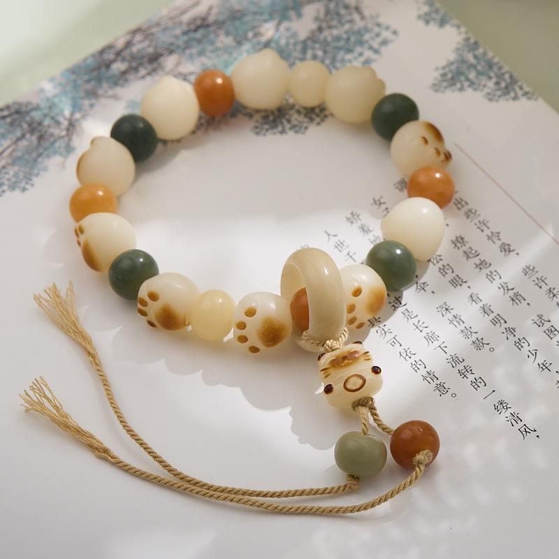 Dunhuang Bodhi Cat Paw Bracelet Multi-Treasure Charcoal Burnt Cat White Jade Bodhi Seed Play Bead Bracelet Soft Wrap Around Finger