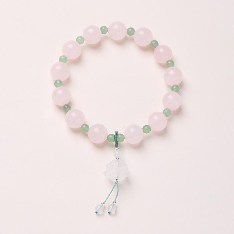 Natural 10MM Rose Quartz Bracelet for Women, Curved Courtyard Style Lotus Pink Crystal Good Luck Lotus Bead Bracelet