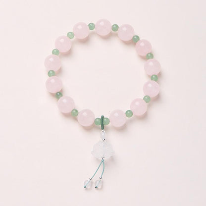 Natural 10MM Rose Quartz Bracelet for Women, Curved Courtyard Style Lotus Pink Crystal Good Luck Lotus Bead Bracelet