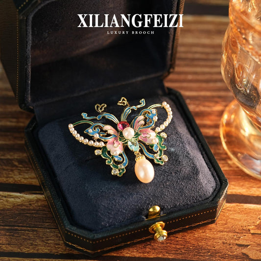 Xiliang Fei Fashion High-End Chinese Style Enamel Painted Butterfly Brooch Natural Pearl Insect Accessory Brooch