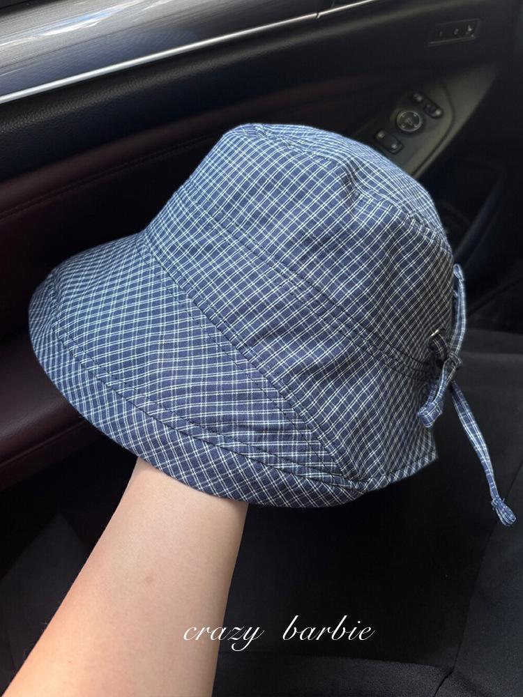 Sweet Navy Blue Plaid Fisherman Hat for Women, New Summer Wide Brim Sunshade Sun Protection Bucket Hat