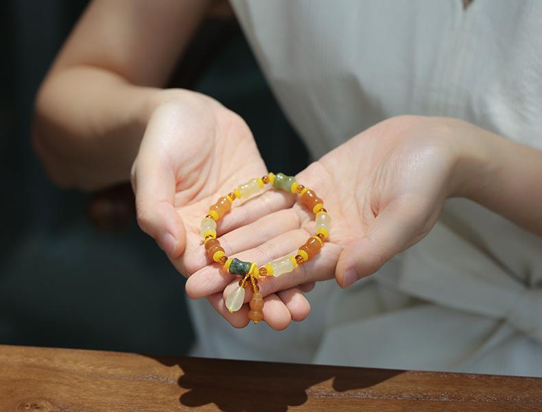 Natural Xinjiang Golden Silk Jade Small Bone Bead Bracelet Handmade Jade Yadan Gobi Colorful Jade Bracelet Ethnic Style Gift