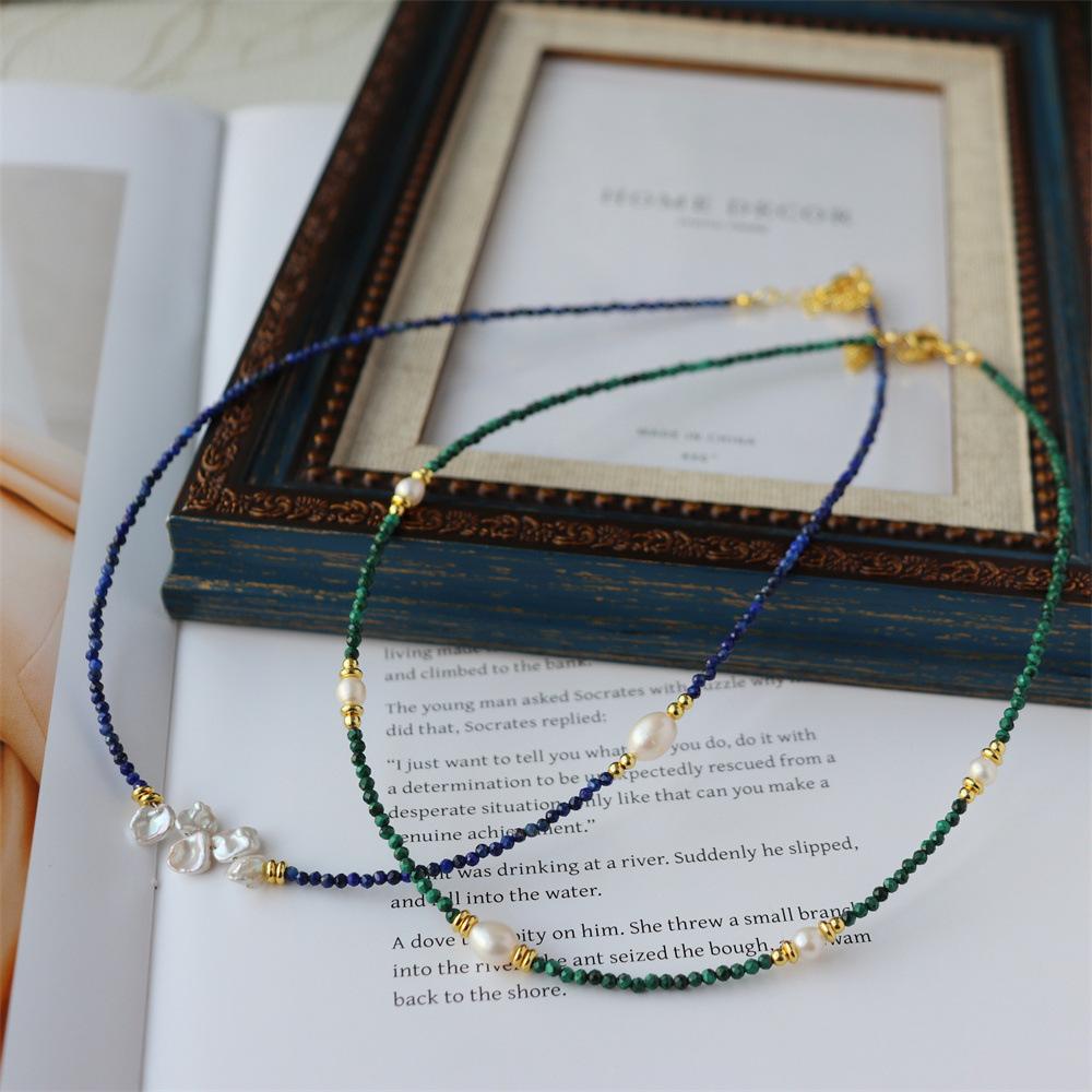 Design Simple Natural Lapis Lazuli Malachite Freshwater Petal Pearl Necklace Ultra-fine Layered Collarbone Chain Necklace