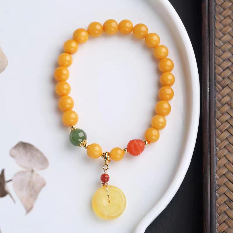 Natural Chicken Fat Yellow Beeswax Buddha Beads Bracelet for Women Amber Hetian Jade Single Circle Bracelet Retro Chinese Style Design