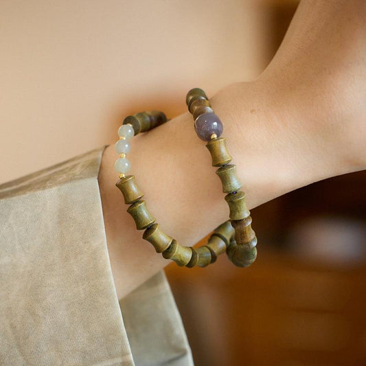 Natural Green Sandalwood Bamboo Knot Bracelet, Smoky Purple Hetian Jade Nine Purple Fire Luck Bracelet, High-end Jade Bracelet