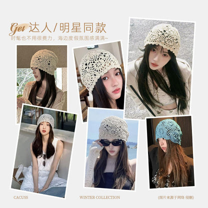 New Lace Beanie Hand-Knitted Slouchy Hat for Women Summer Thin Hollow Crochet Knitted Cool Hat Trendy