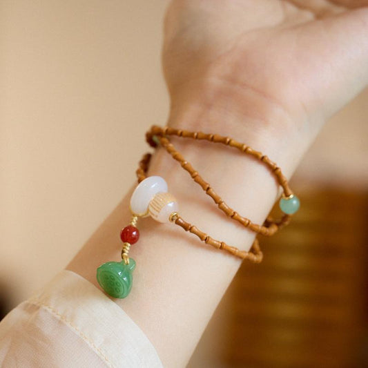 Natural Bamboo Knot Olive Core Bodhi Bracelet Agate Heart Sutra Lotus Pod Three Circle Buddha Bead Bracelet Green Dongling Bracelet