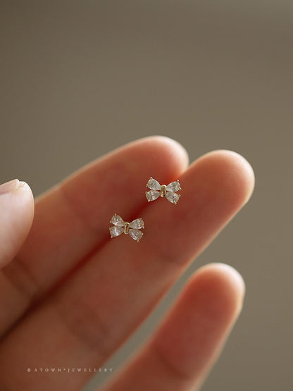 S925 Silver Plated 14K Gold Earrings Four Diamonds Bowknot Sweet Korean Design Mini Earrings Girlfriend Gift