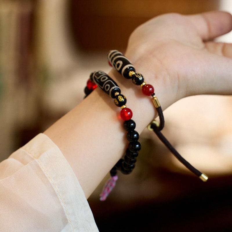 Natural Nine-Eye Dzi Bead Agate Bracelet Unisex Retro Tibetan Style Black Agate Bracelet Buddhist Beads Dzi Beads
