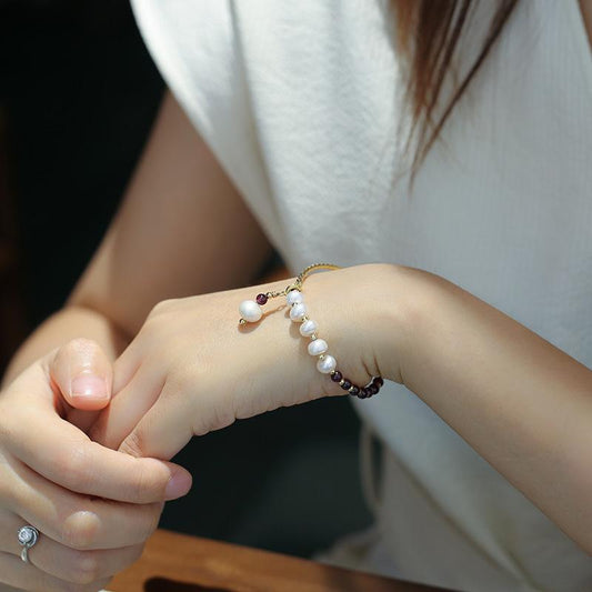 Natural 4MM Purple Tooth Black Garnet Freshwater Pearl Bracelet Light Luxury Niche Design Crystal Bracelet Elegant Jewelry
