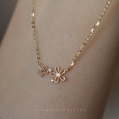 S925 Sterling Silver 14K Gold Plated Necklace Two Small Flowers Girl Japanese and Korean Simple Elegant Everyday Versatile Collarbone Chain for Women